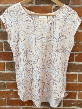 Cynthia Rowley 100% Linen Botanical Print Slub Knit Short Sleeve Tee Size M